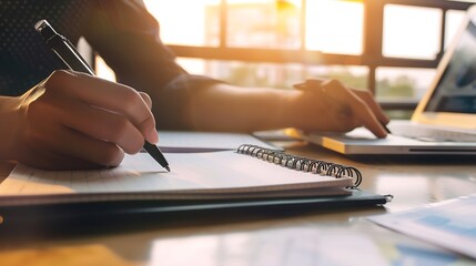Fototapete - Hands notebook and pen with writing for agenda planning and work for corporate career Office desk journal and business person by technology for website contact and internet in workspac : Generative AI