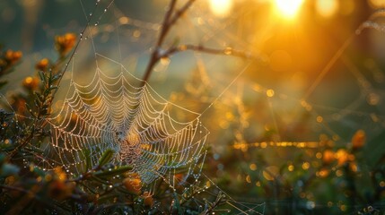 A spider web is shown in a field with a sun shining on it