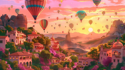 Wall Mural - air balloon flying over region country