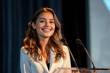 successful businesswoman receiving an award on stage., clean background, photo stock style, clean ba