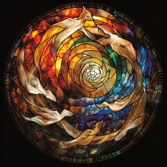 Wall Mural - a celestial dance of ethereal beings in stained glass, gracefully intertwined in a 16:9 aspect ratio