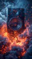 Sticker - A huge speaker in the background of fire and smoke