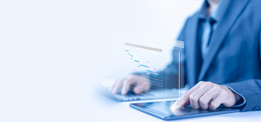 Fototapete - updating and managing milestones on a timeline Gantt chart in technology online, schedule plan management work update and workflow. concept project planner in software, appointment staff of business
