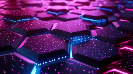 Poster - A high-tech 3D background with intricate hexagonal patterns and vibrant neon lights creates a futuristic vibe.