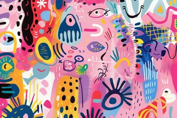 Poster - Abstract painting with a variety of vibrant colors and shapes against a whimsical pink background, A whimsical pink background filled with abstract patterns
