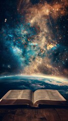Wall Mural - Concept Art of God's Word with an Open Bible Above Earth, Ethereal Cosmic Sky, Glowing Stars and Nebulae, Representing Knowledge, Graduation Season, Metaverse, Milky Way, Sacred Scripture, Faith, Beli