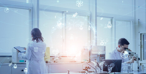 Poster - Multinational researchers and science and technology conducting experiments concept