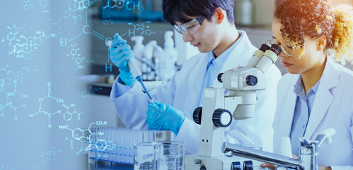 Poster - Multinational researchers and science and technology conducting experiments concept