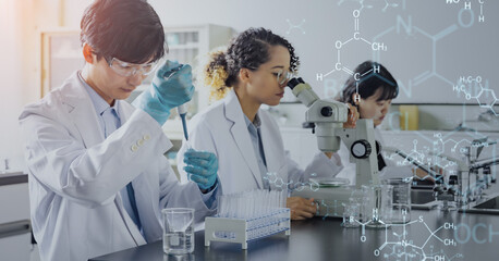 Poster - Multinational researchers and science and technology conducting experiments concept