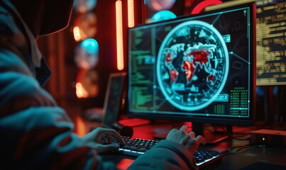Poster - Hacker Working on a Computer with a World Map on Screen