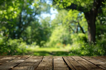 Wall Mural - Wooden Plank Tabletop with a Lush Green Forest Background