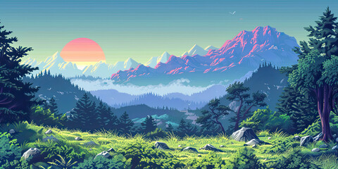 Wall Mural - Vintage retro video game style computer graphics landscape background, 80's gaming backdrop, generated ai