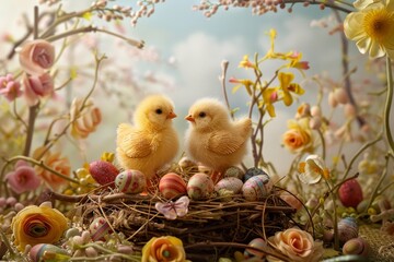 two yellow chicks perched on a nest surrounded by colorful flowers in a field, a whimsical scene fea