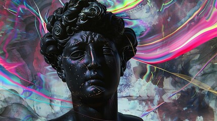 Aufkleber - Contemporary art collage with antique black colored statue bust with neon drawings Surreal style Psychedelic artwork Concept of creativity imagination inspiration Modern vision of art : Generative AI