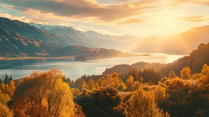 Poster - Beautiful scenery of golden sunrise over mountain range and autumn forest on Lake Wanaka at New Zealand : Generative AI