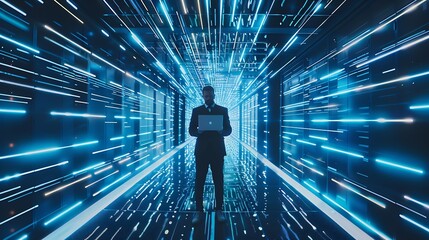 Poster - Futuristic Concept Business man with laptop in Data Center : Generative AI