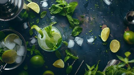 Aufkleber - Mojito cocktail overhead flat lay panorama Summer cold drink with lime fresh mint and ice Cool beverage with mixing accessories : Generative AI