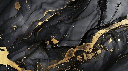 Leinwandbilder - Black gold abstract background of marble liquid ink art painting on paper  Image of original artwork watercolor alcohol ink paint on high quality paper texture : Generative AI
