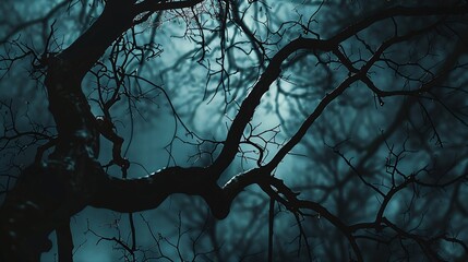 Poster - Leafless Oak tree branches silhouette Black and blue Natural oak tree branches silhouette on a blue background Silhouettes of a dark gloomy forest with textured trees Gothic background : Generative AI