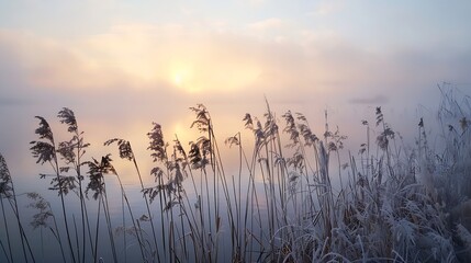 Poster - Sunrise over foggy lake Reeds in the foreground on the lake coast  Sun is rising on the further river bank : Generative AI
