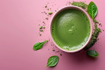 Green matcha with leaves  on pink background. health lifestyle and nutrition concept.