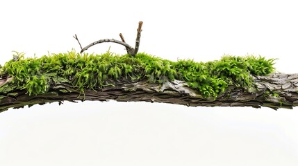 Aufkleber - Green moss on rotten branch isolated on white side view : Generative AI