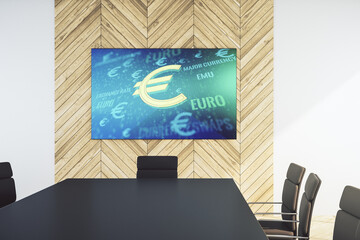 Poster - Creative EURO symbols illustration on tv display in a modern presentation room, forex and currency concept. 3D Rendering