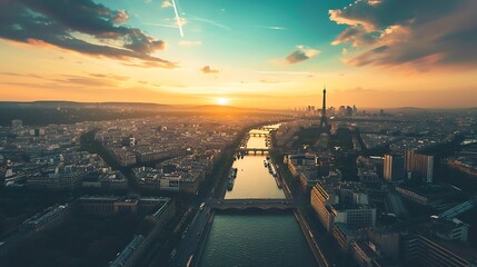 Poster - Paris aerial panorama with river Seine and Eiffel tower France Romantic summer holidays vacation destination Panoramic view above historical Parisian buildings and landmarks with sunse : Generative AI