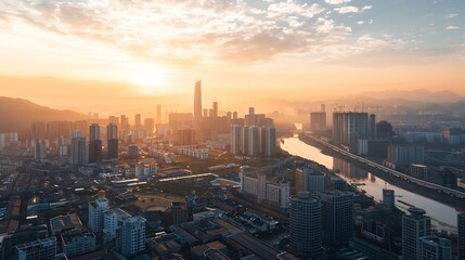 Poster - Aerial view of city skyline and modern buildings at sunrise in Ningbo Zhejiang Province China East new town of Ningbo It is the economic cultural and commercial center of Ningbo City : Generative AI