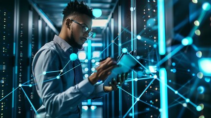 Fototapete - Internet Business Digital technology Network and cybersecurity of data center with engineer working in a server room computer Data analytics troubleshooting with a programmer : Generative AI