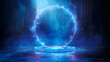 © Sami - Blue hologram portal. Magic fantasy portal. Magic circle teleport podium with hologram effect. Abstract high tech futuristic technology design. Round shape. Circle Sci-fi element