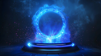 Poster - Blue hologram portal. Magic fantasy portal. Magic circle teleport podium with hologram effect. Abstract high tech futuristic technology design. Round shape. Circle Sci-fi element
