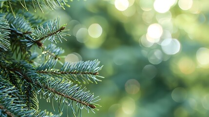 Aufkleber - Blue spruce and fir tree  branches with fresh green needles on blurred green and an isolated background : Generative AI