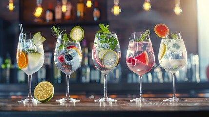 Poster - Gin tonic cocktails with various taste in balloon glasses on bar counter : Generative AI