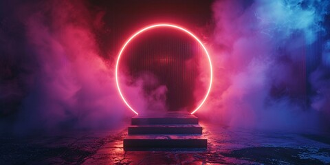 Canvas Print - Mystical futuristic gateway enveloped in fog, circular luminescent transporter, neon lights shine on dark backdrop, empty platform illuminated by light.