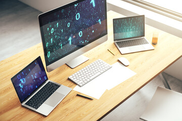 Aufkleber - Modern computer monitor with creative abstract binary code hologram. Database and programming concept. 3D Rendering