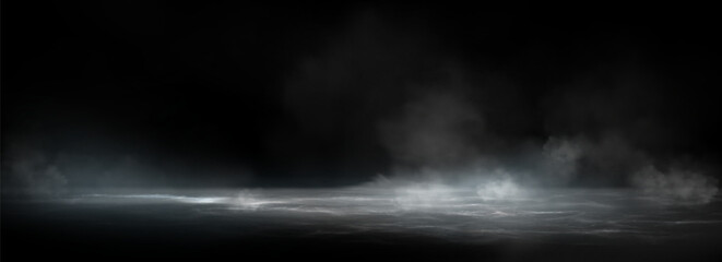 Wall Mural - water surface with magic neon glow from inside and smoke on top. mystery dark background with spooky