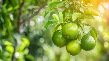 Poster - green pomelo fruit hanging on Branch Citrus Fruit Lime tree with fruits closeup healthy calamansi or calamondin close up pani dodam citrus limetta kalamansi : Generative AI