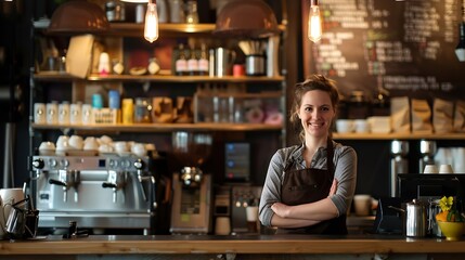 Poster - Welcome coffee shop and portrait of woman with confidence at counter waitress or barista at restaurant startup Bistro bar service and drinks happy small business owner manager or boss  : Generative AI