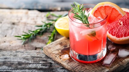 Poster - Grapefruit cocktail with rosemary garnish in a glass served on a wooden cutting board Vibrant refreshing drink perfect for summer menu or cocktail recipes Greyhound lemonade paloma moc : Generative AI