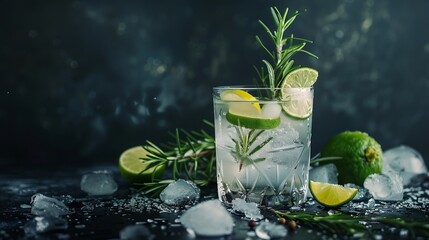 Poster - Gin tonic and rosemary cocktail drink with lime juice sugar syrup soda and ice Black bar counter background : Generative AI