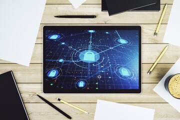 Aufkleber - Creative idea concept with lock symbol and microcircuit illustration on modern digital tablet screen. Protection and firewall concept. Top view. 3D Rendering