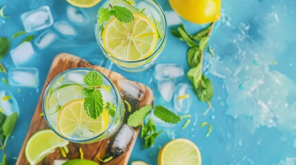 Poster - Two glasses of mojito cocktail or tonic with lemon lime mint and ice on a wooden board Summer concept of refreshing drink with citrus fruits on a blue background Top view and copy spac : Generative AI