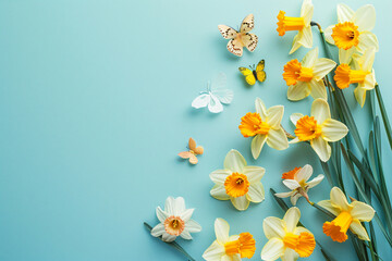 Wall Mural - Beautiful daffodils flowers with butterflies on blue background, flat lay top view. Spring floral border banner template copy space for greeting card poster or web design. Easter and Women's Day conce