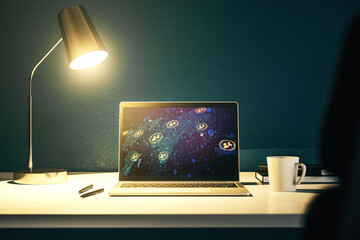 Poster - Modern computer screen with social network icons concept and world map. Networking concept. 3D Rendering