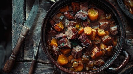 hearty pork stew with roasted root vegetables in rustic pot