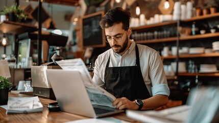 attractive barista male or employee concentrate on stacks of tax declaration bills restaurant owner 