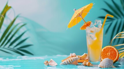 Poster - Glass of tasty cocktail with orange umbrella paper palm leaves shells and deck chair on colorful background : Generative AI