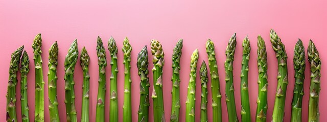 Wall Mural -  Green asparagus bundle on pink backdrop Text space on the left side