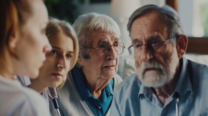 group of old people having discussion with carer nurse old male and female patients in retirement ho